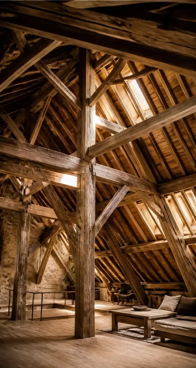 Charpente en bois massif traditionnelle dans les combles d'une maison