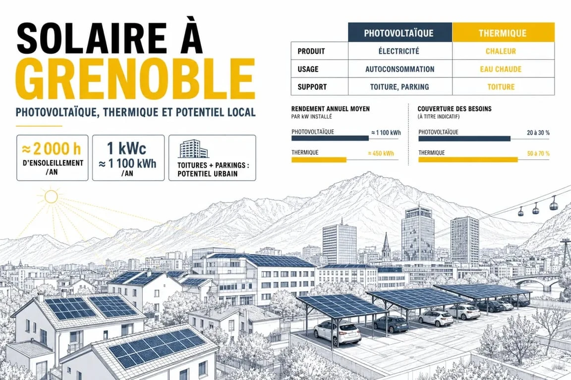 Panneaux solaires Grenoble : illustration éditoriale sur le potentiel solaire, les toitures et les ombrières de parking