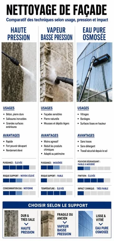 Infographie comparative des techniques de nettoyage de façade dans le Var : haute pression, vapeur et eau pure osmosée.