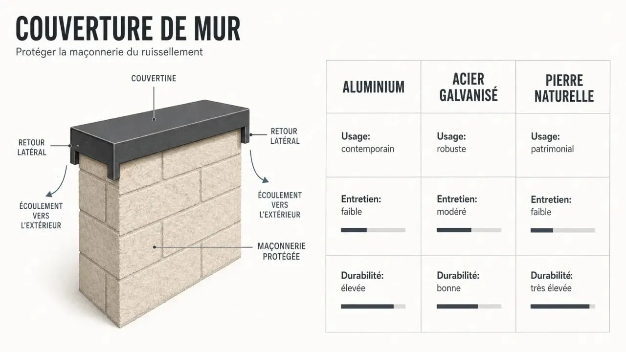 Couvertine mur : comparatif des matériaux et des dimensions clés pour protéger un muret