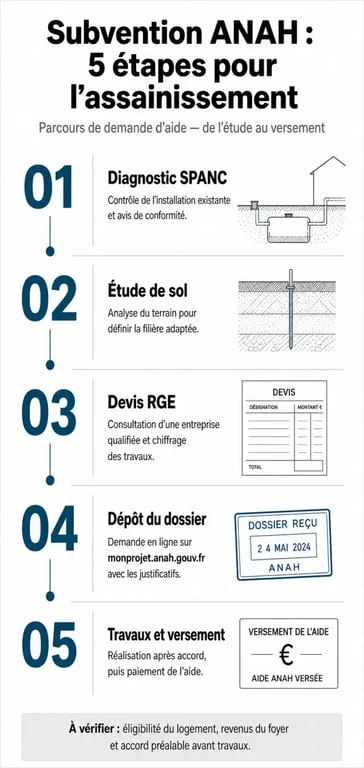 Infographie des étapes pour obtenir la subvention ANAH pour l'assainissement non collectif