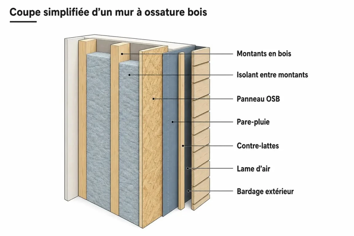 Schéma du mur en section bois ossature avec OSB, isolant, pare-pluie et bardage