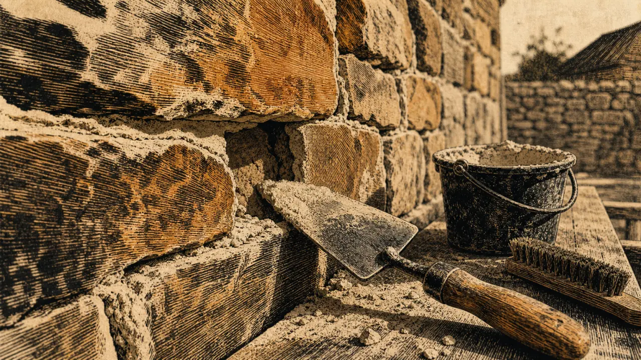 Jointage mur en pierre à la chaux : joint dégarnie 2–3 cm
