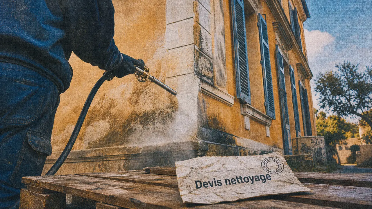 Nettoyage facade var : vapeur sur façade, technicien au chantier
