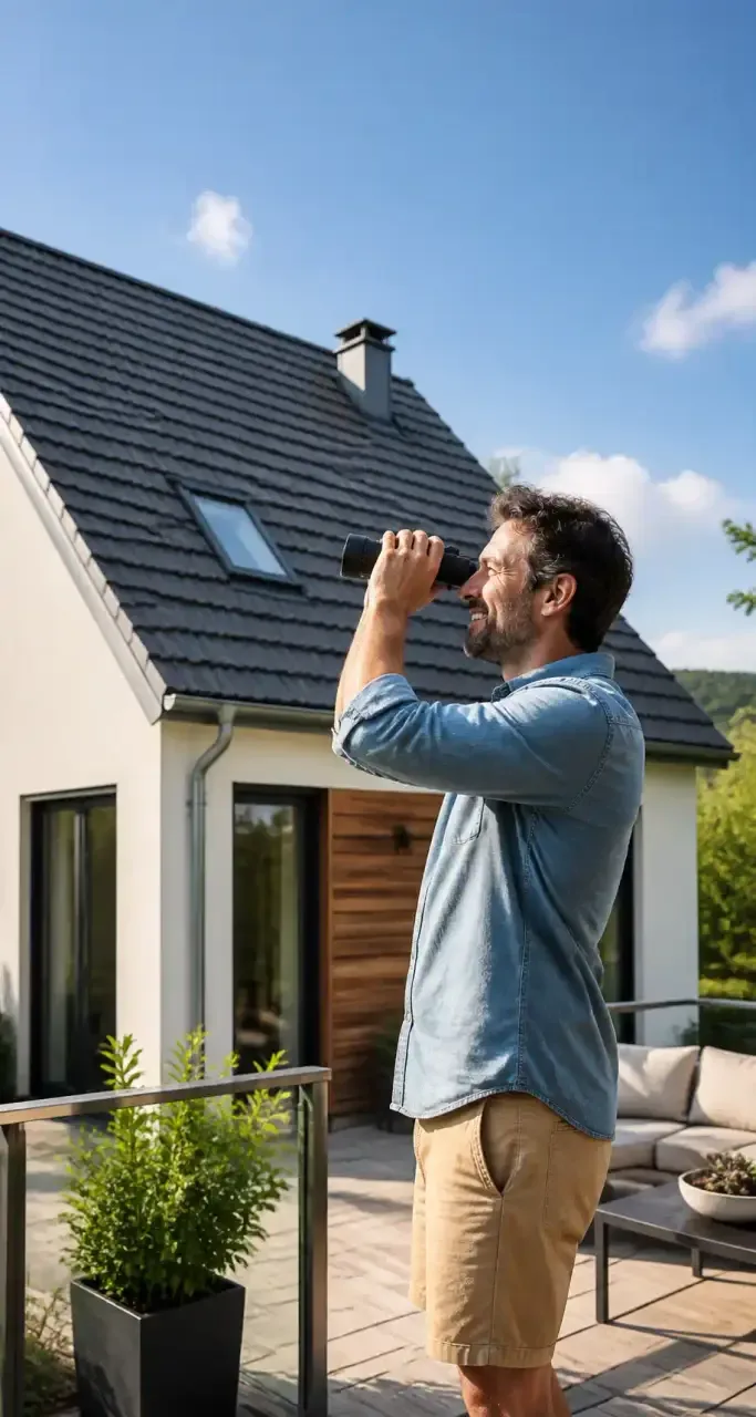 Propriétaire inspectant la toiture de sa maison rénovée