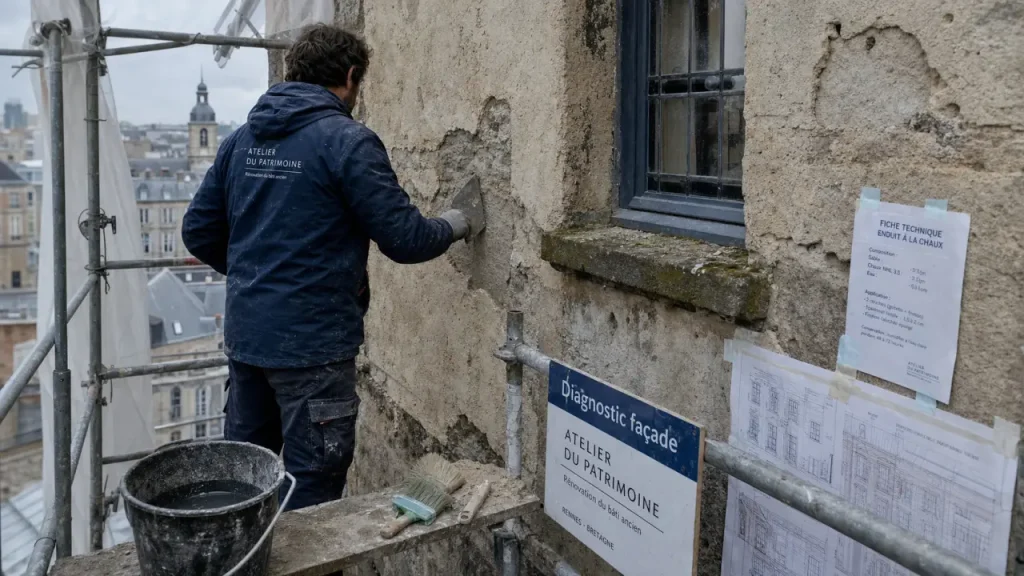 Ravalement de façade rennes : façade humide, diagnostic et échafaudage sur chantier