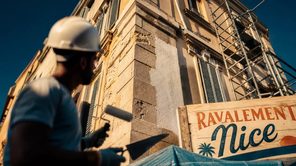 Ravalement de façade Nice sur une façade niçoise en chantier