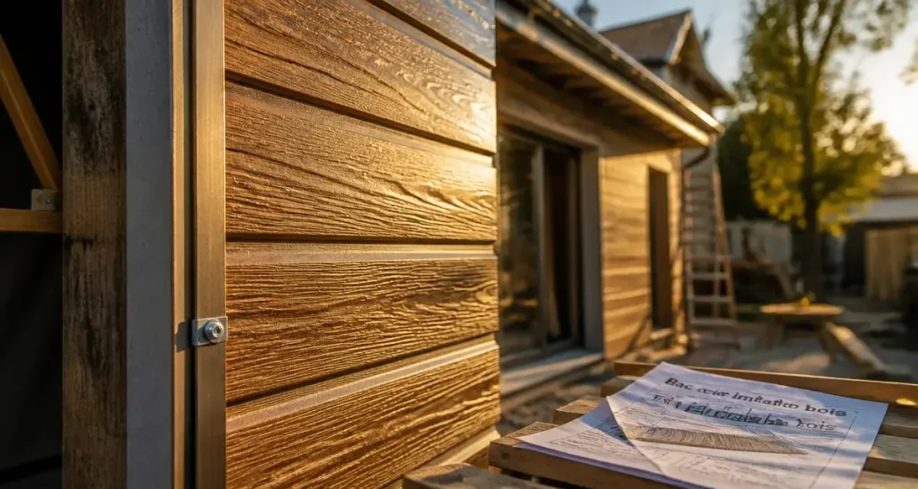 Bac acier imitation bois : bardage de façade imitation bois, reflets acier et fixation EPDM.