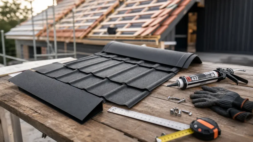 Bac acier tuile effet tuile anthracite, accessoires de pose sur table