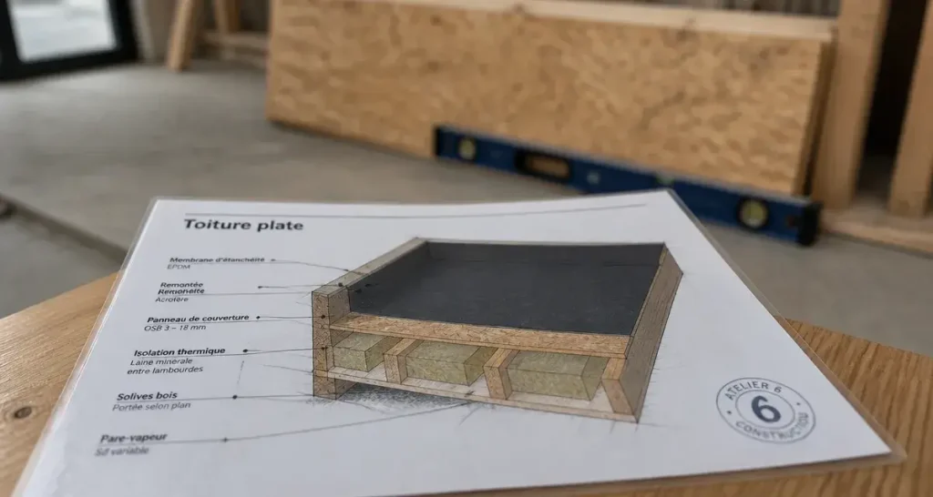 Charpente pour toiture plate : coupe technique isolant, OSB et membrane d’étanchéité