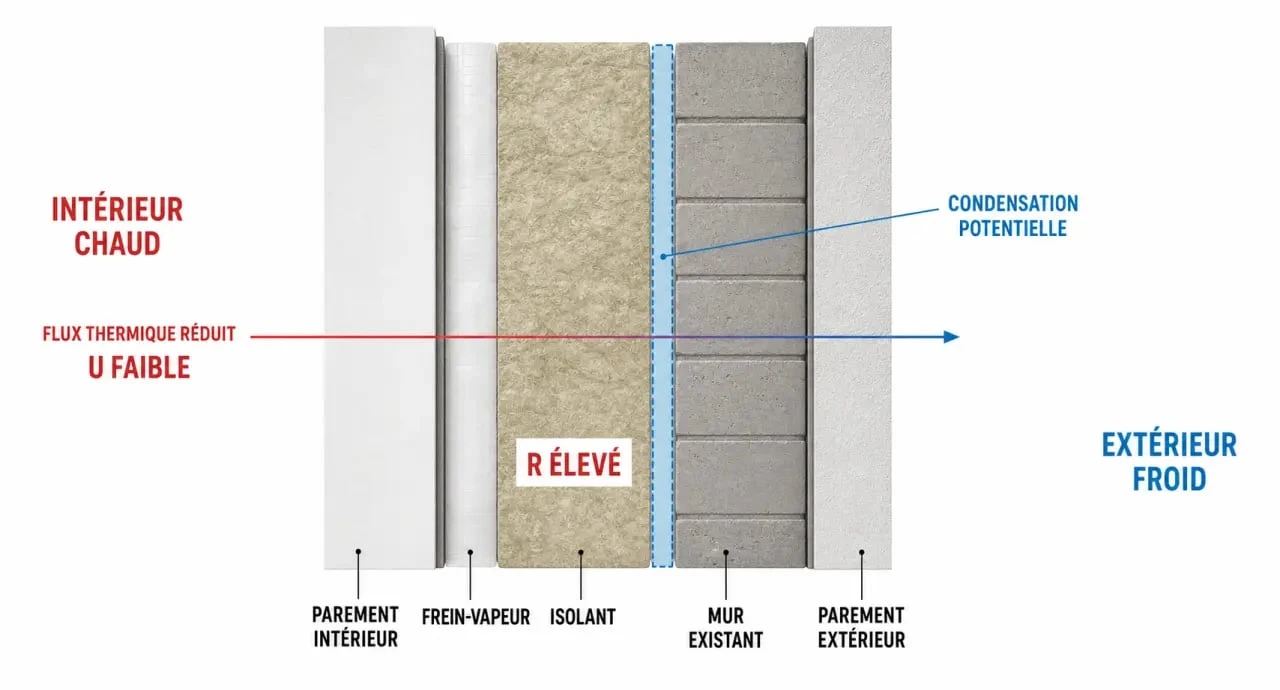 Logiciel calcul isolation thermique : coupe d’un mur multicouche avec zones de condensation et repères R et U