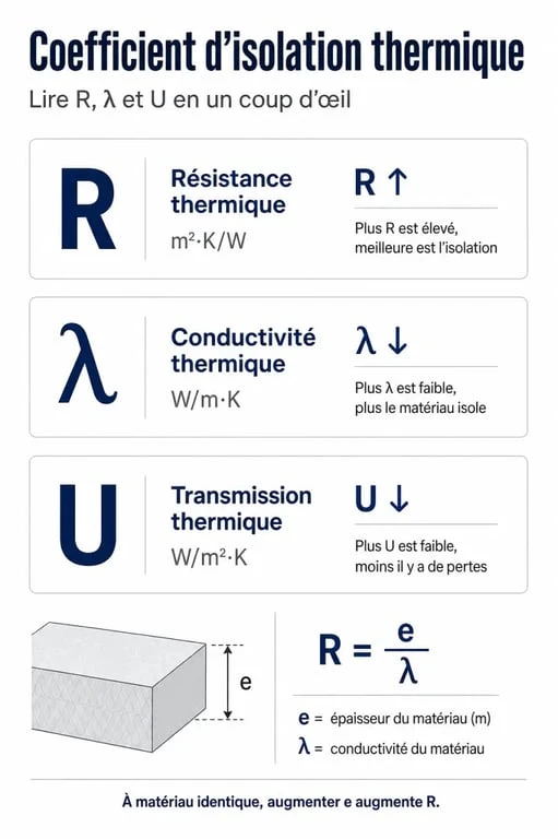 Coefficient isolation thermique : schéma comparatif des valeurs R, λ et U avec leurs unités et leur sens de lecture