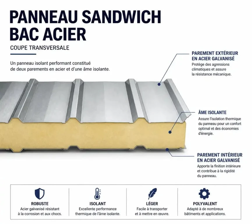 Schéma en coupe d'un panneau sandwich bac acier avec isolation thermique