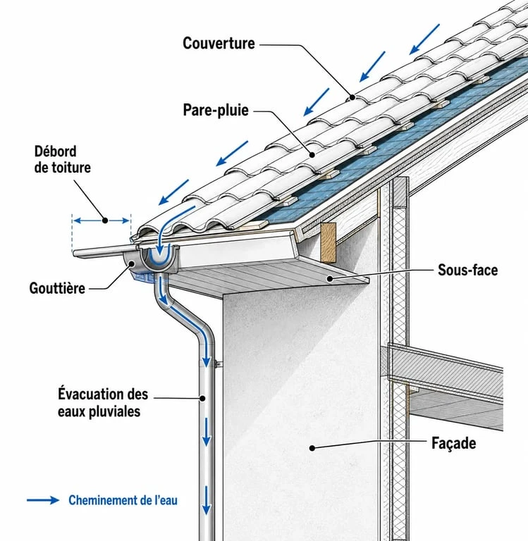 Avancée de toit : schéma technique d'un débord de toiture avec gouttière et façade