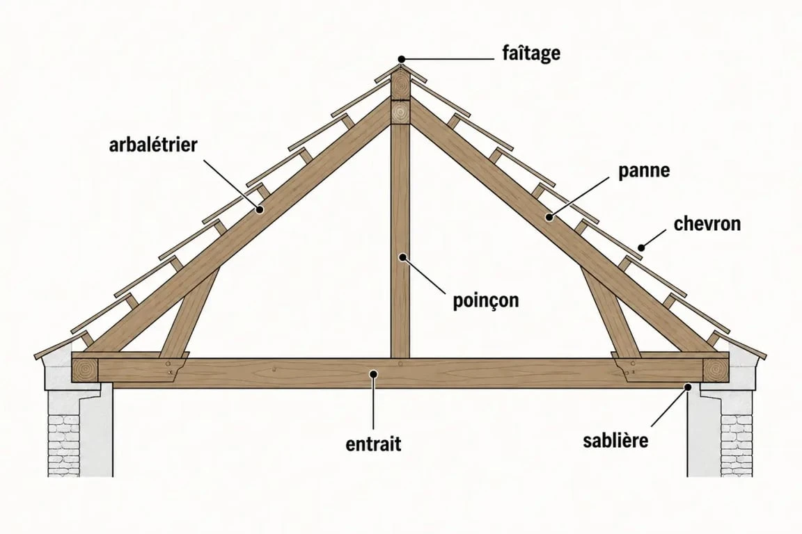 Lexique charpente bois pdf illustré par un schéma de charpente bois traditionnelle