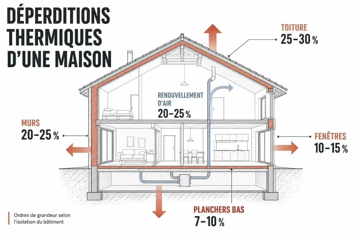 Infographie des déperditions thermiques dans le bâtiment pour l'isolation thermique