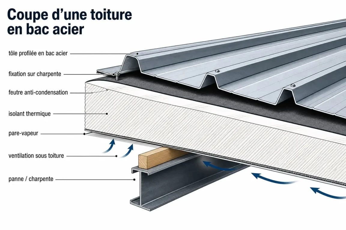 Toit bac acier en coupe avec isolant et protection anti-condensation