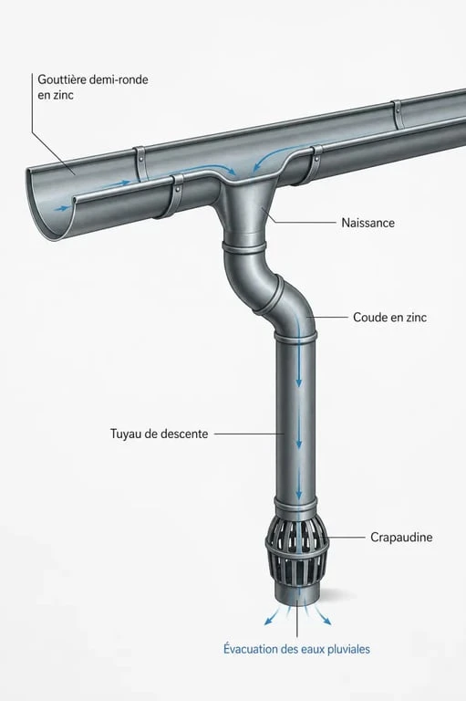 Naissance gouttière zinc avec gouttière demi-ronde, coude et tuyau de descente