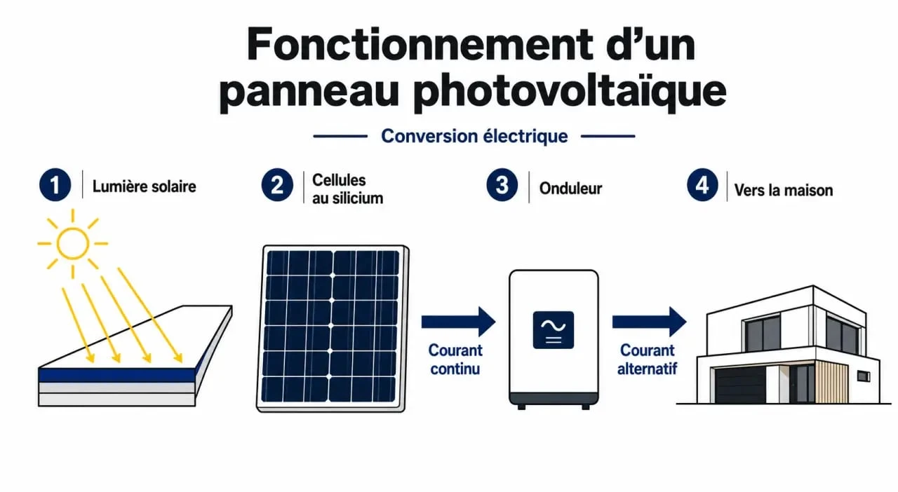 Schéma explicatif des panneaux photovoltaïques montrant la conversion de la lumière en électricité