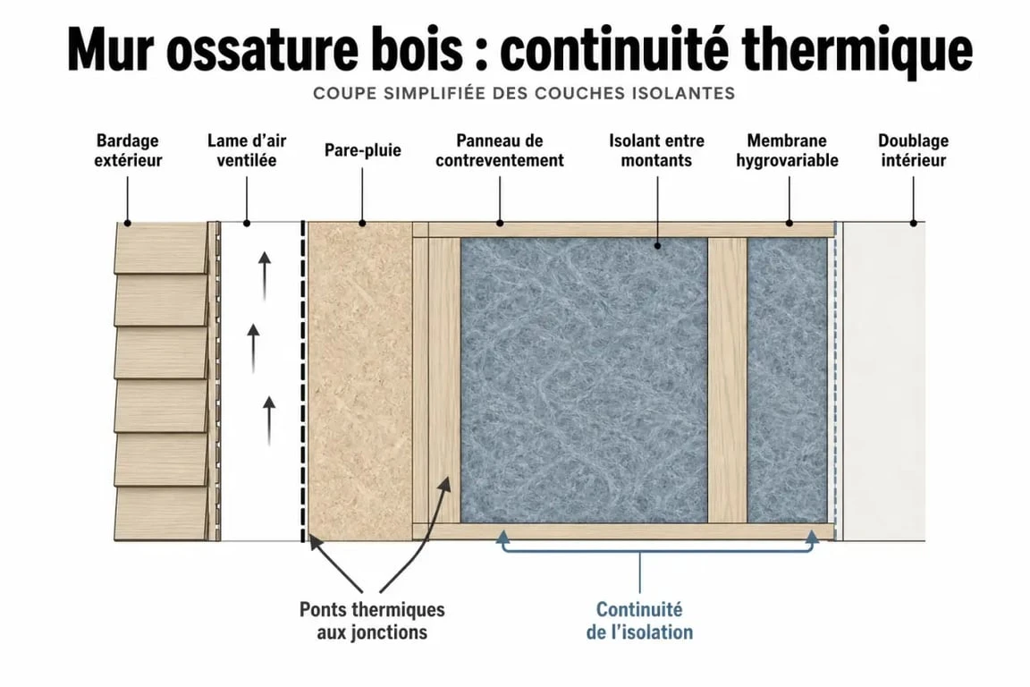Schéma de l'isolation thermique du bois dans un mur ossature bois avec couches et ponts thermiques