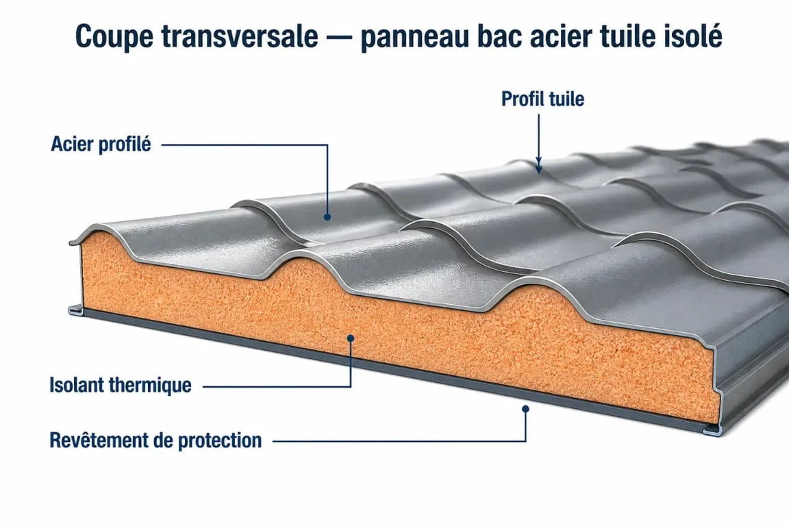 Schéma technique d'une coupe de panneau bac acier tuile isolé.