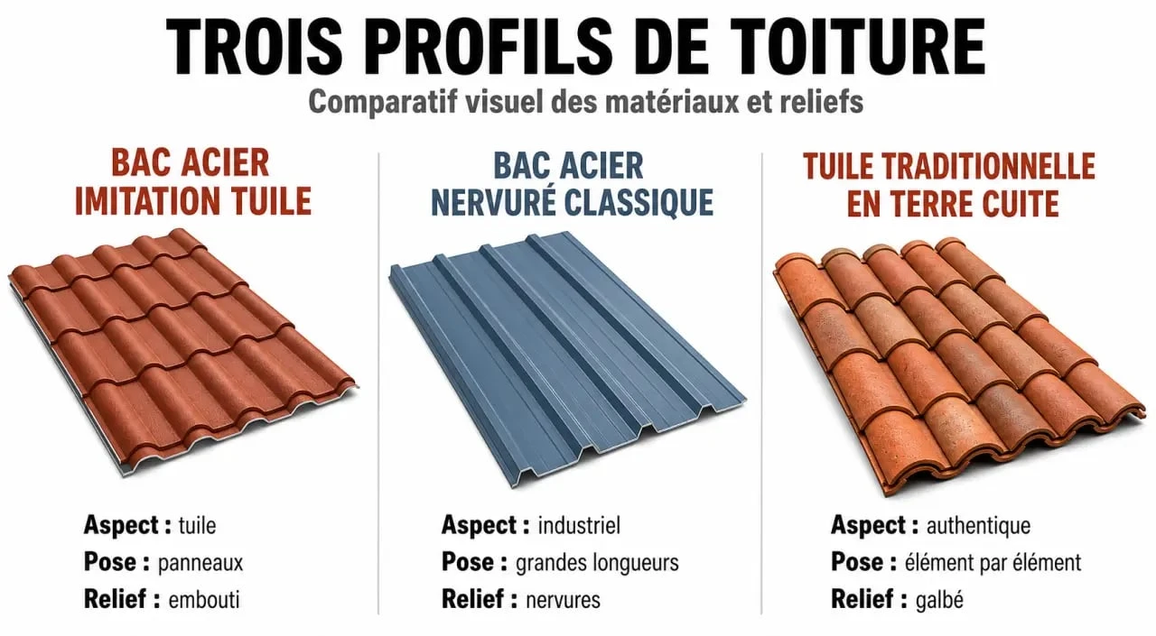 Comparatif visuel entre bac acier tuile, bac acier classique et tuile traditionnelle pour toiture.