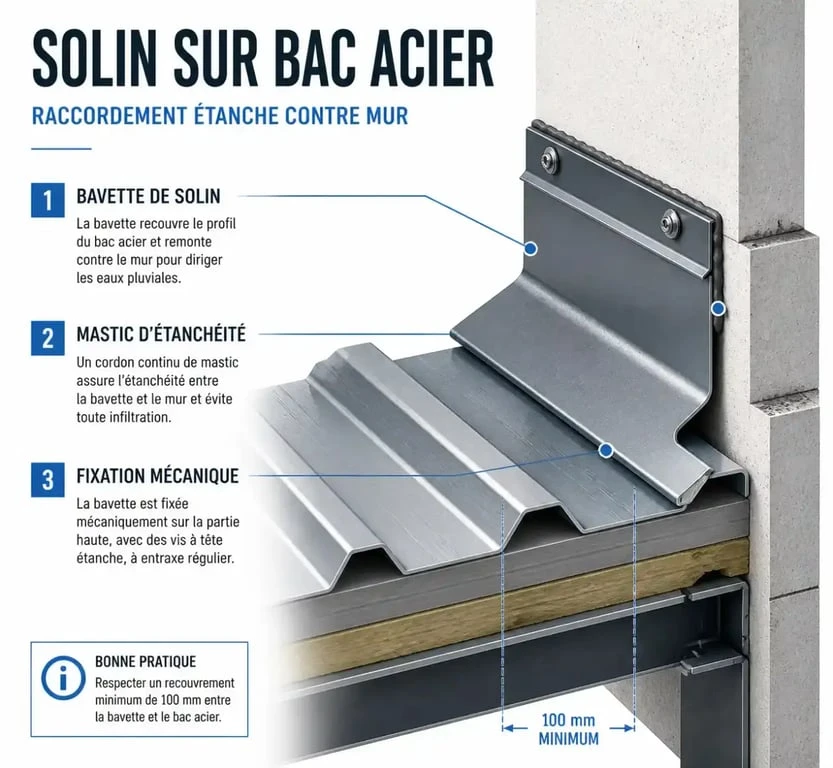 Schéma technique de pose d'un solin sur toiture bac acier pour assurer l'étanchéité