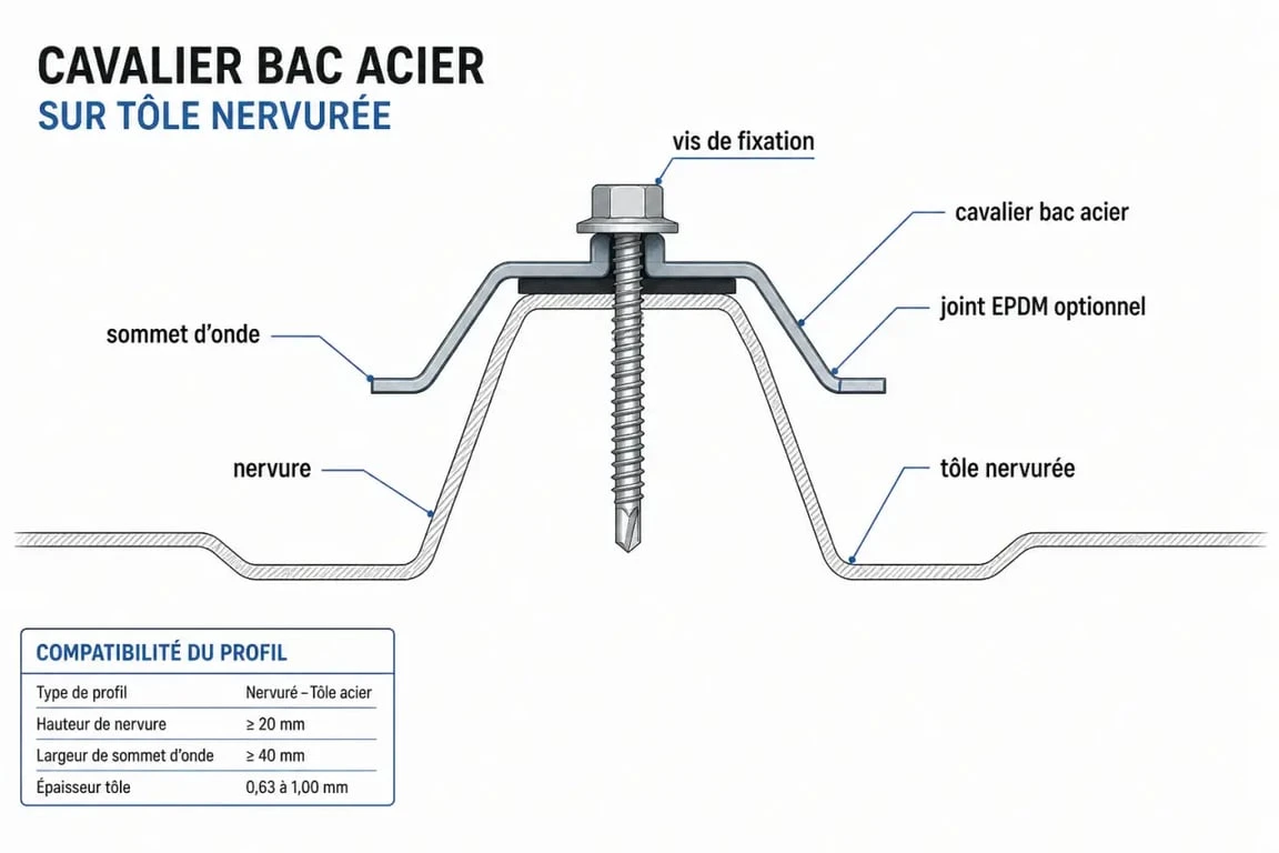 Cavalier bac acier illustré sur tôle nervurée avec sommet d’onde, vis de fixation et joint EPDM