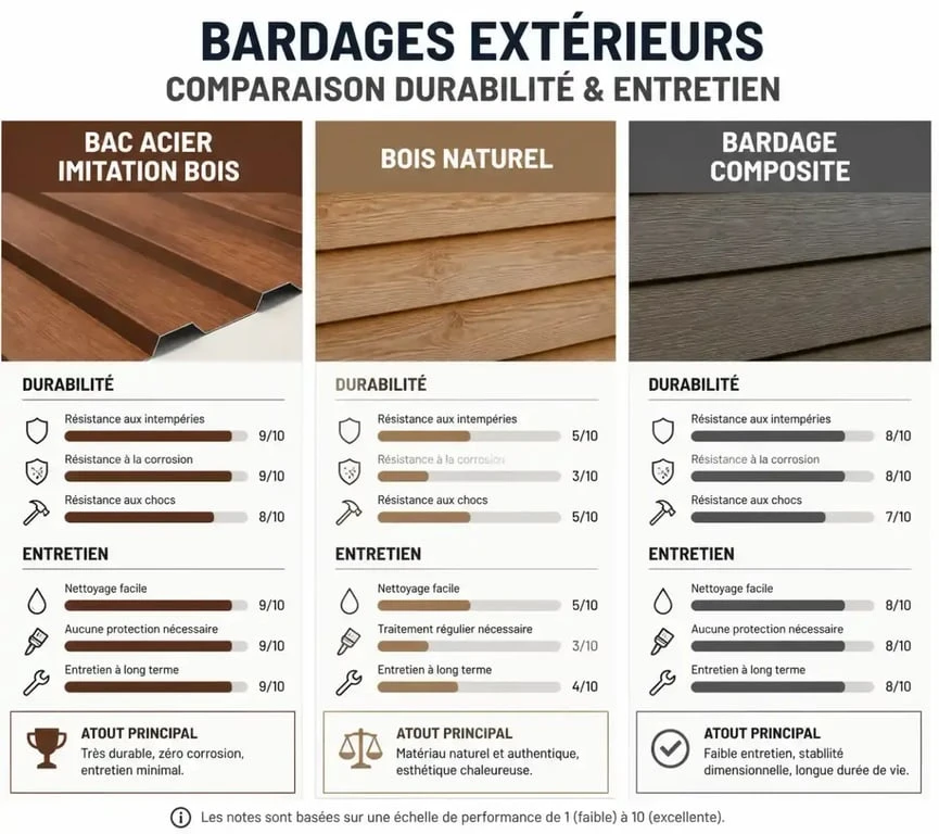 Comparatif technique entre bac acier imitation bois, bois naturel et composite pour bardage extérieur