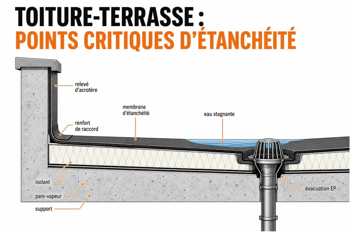 Étancheifier un toit plat : coupe simplifiée d’un système d’étanchéité avec relevés, évacuations et couches techniques