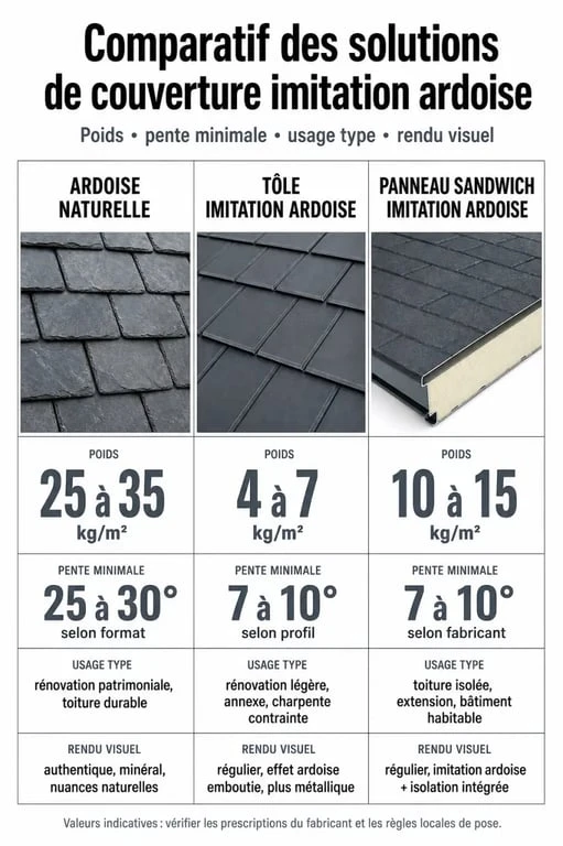 bac acier imitation ardoise : infographie comparative entre ardoise naturelle, tôle imitation ardoise et panneau sandwich