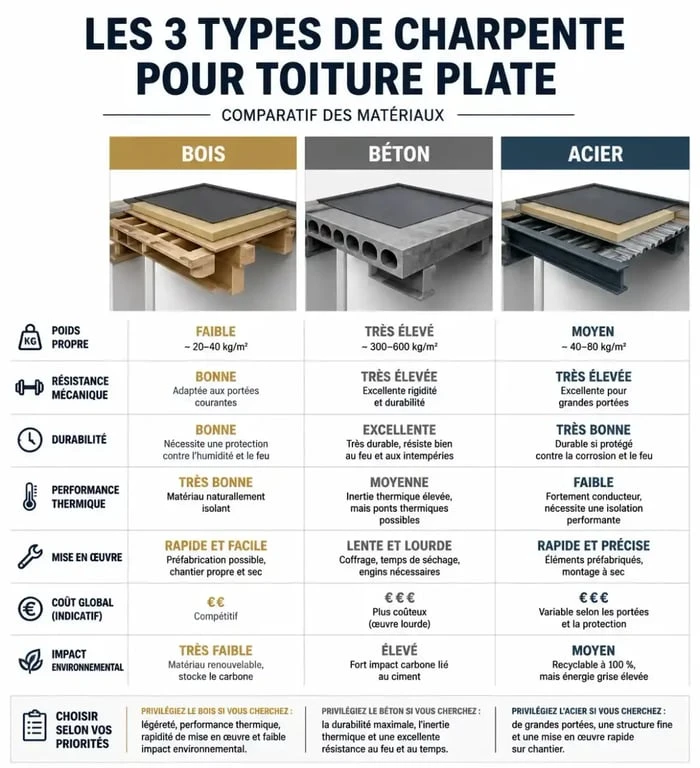 Comparatif des matériaux de charpente pour toiture plate