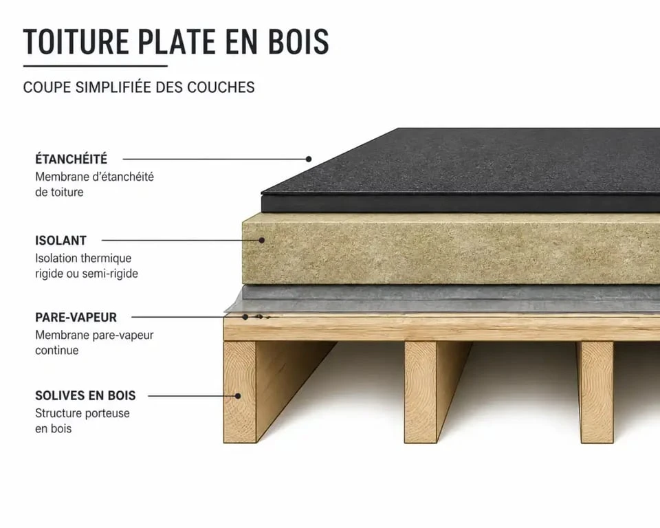 Schéma technique d'une charpente pour toiture plate en bois