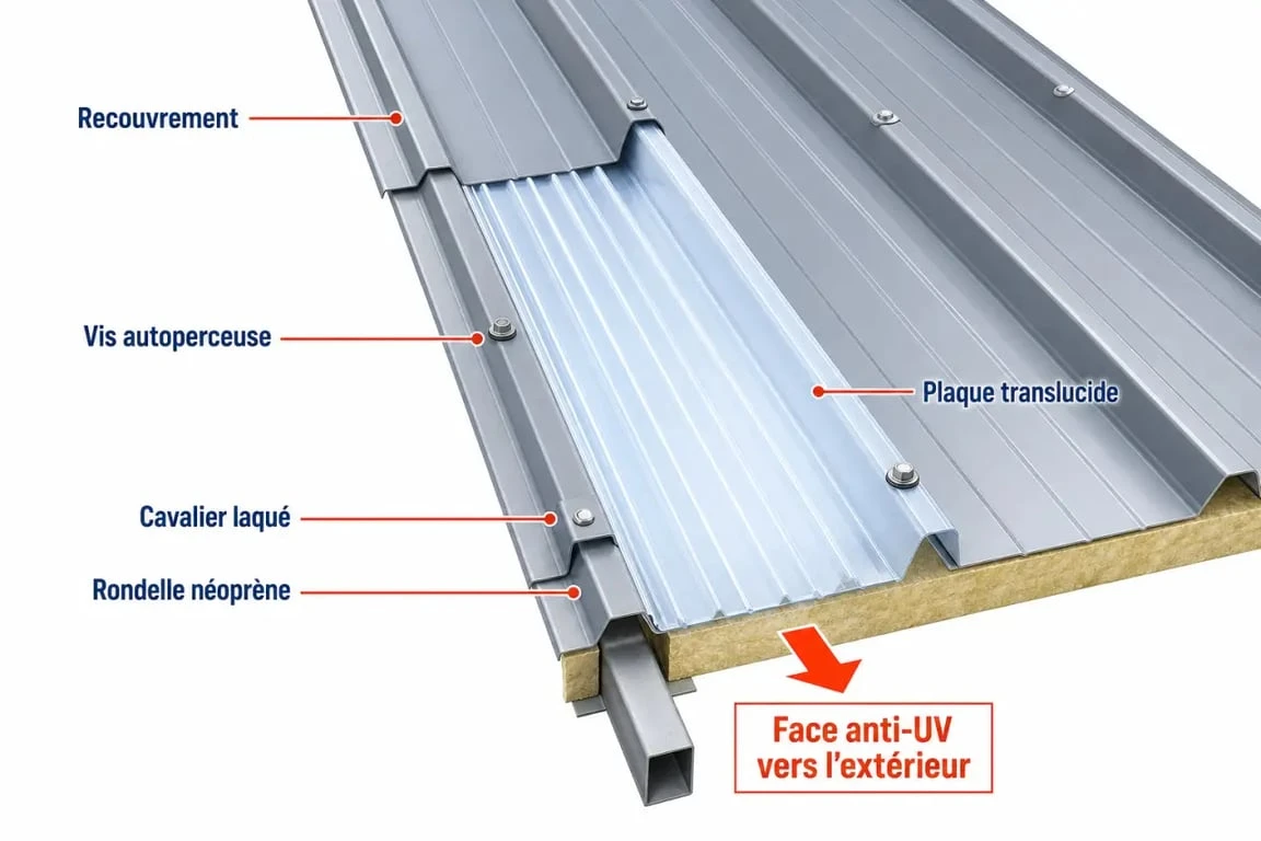 Bac acier transparent posé sur toiture métallique avec face anti-UV et fixations visibles