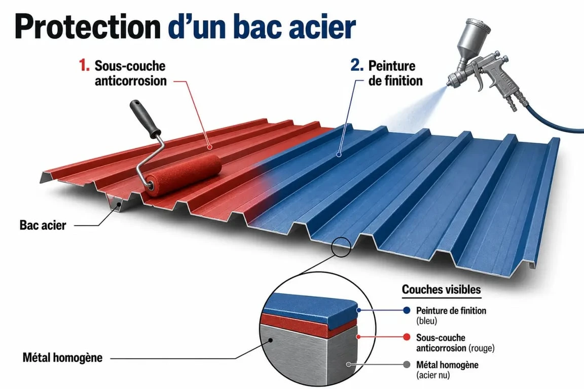 Peinture bac acier : application de la sous-couche et des deux couches de finition sur la tôle