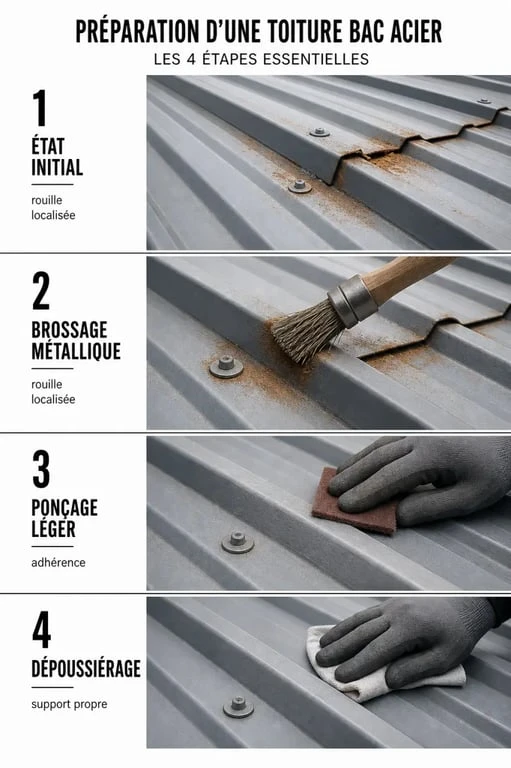Peinture bac acier : préparation de la tôle avec brossage, ponçage et nettoyage avant application