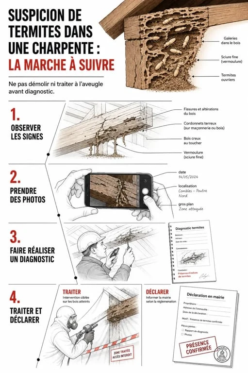 Termite bois charpente : étapes de suspicion, diagnostic et traitement