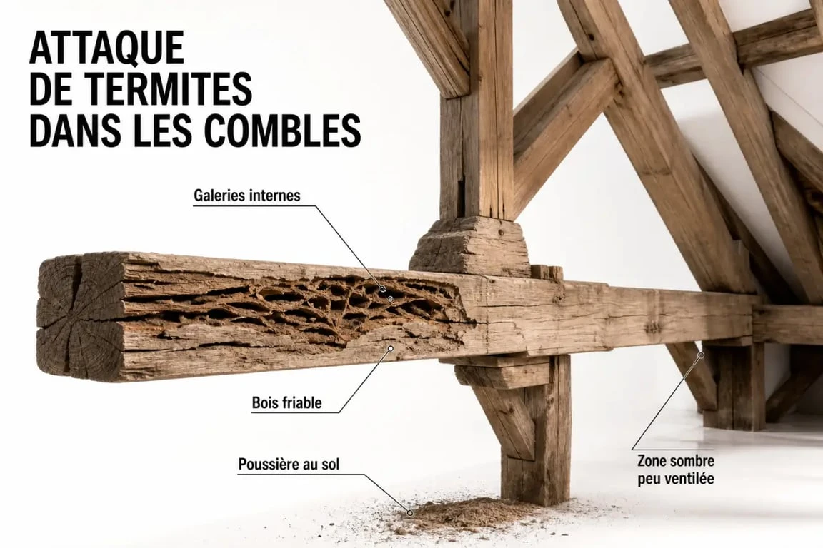 Termite bois charpente : charpente en bois avec galeries et signes d’infestation visibles