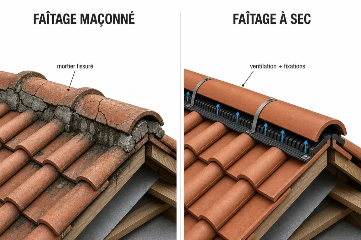 Comparaison entre faitage du toit maçonné et faitage à sec