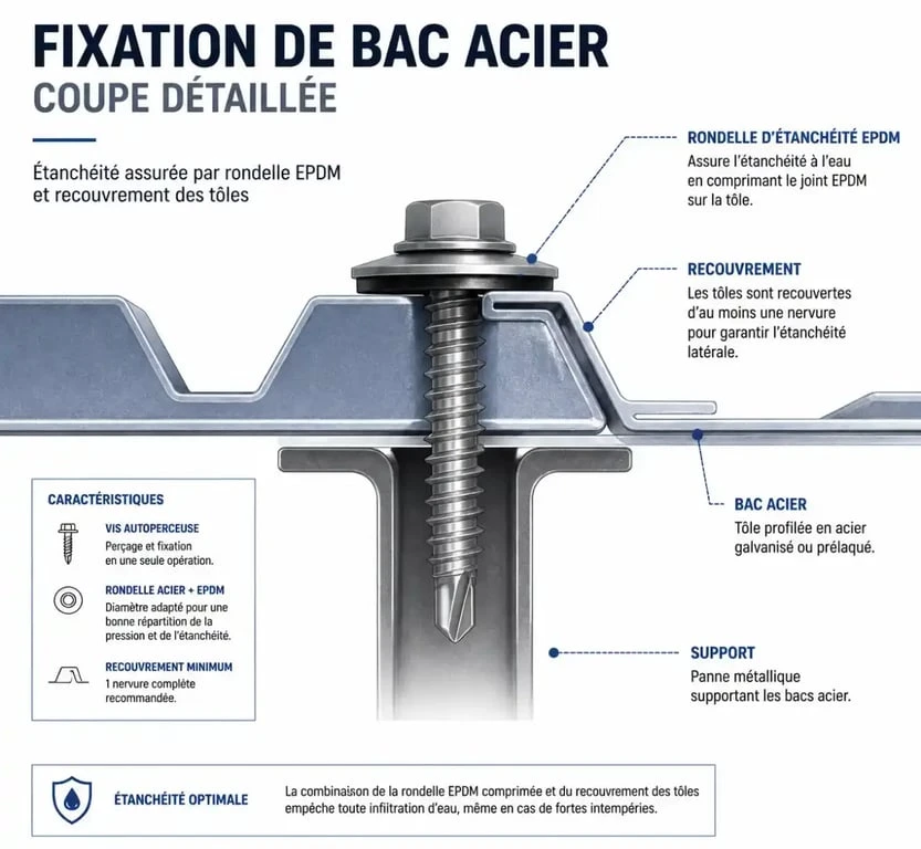 Détail technique de la fixation et du recouvrement pour finition bac acier