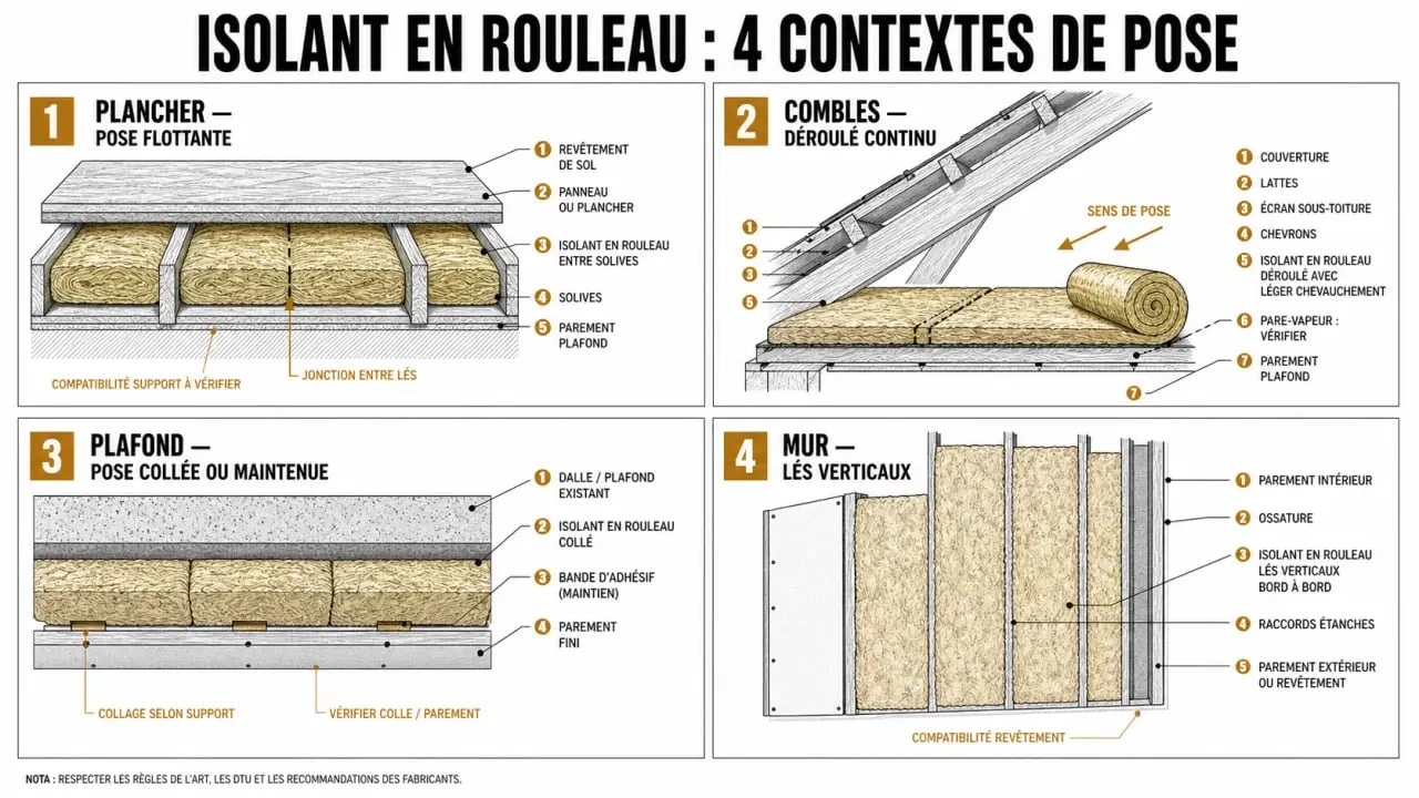 Isolation thermique rouleau : schéma des usages selon le support, plancher, combles, plafond et mur