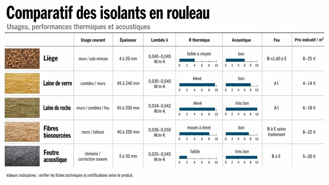 Isolation thermique rouleau : comparaison visuelle des matériaux, de l’épaisseur, du lambda, du R et du prix au m²