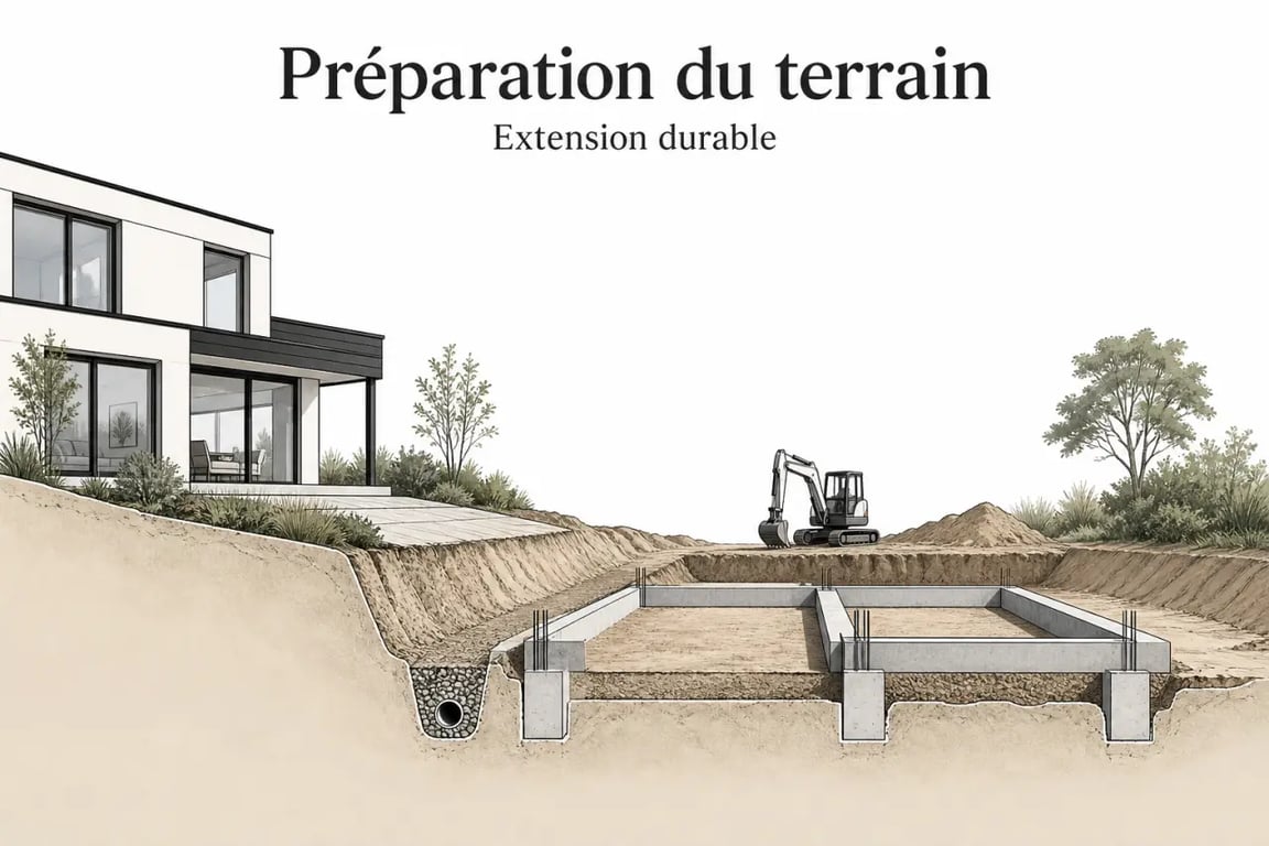 Préparer le terrain pour une extension de maison durable sur un chantier avec terrassement et drainage