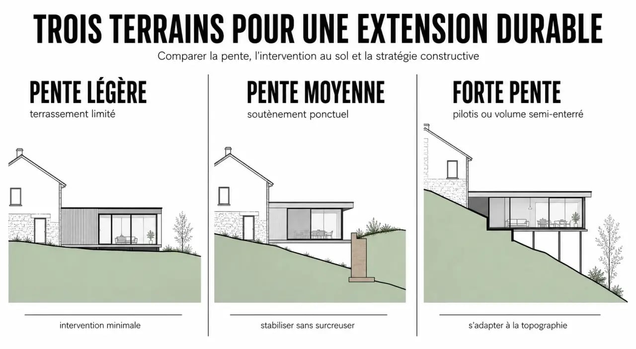 Préparer le terrain pour une extension de maison durable : comparaison des solutions selon la pente