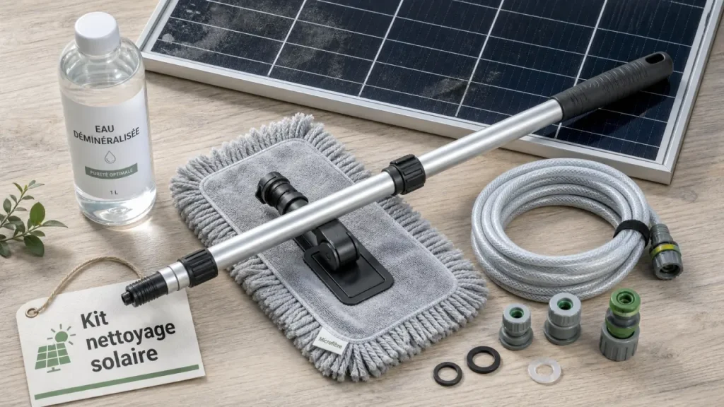 Kit nettoyage panneaux solaires photovoltaïques : brosse souple et eau déminéralisée