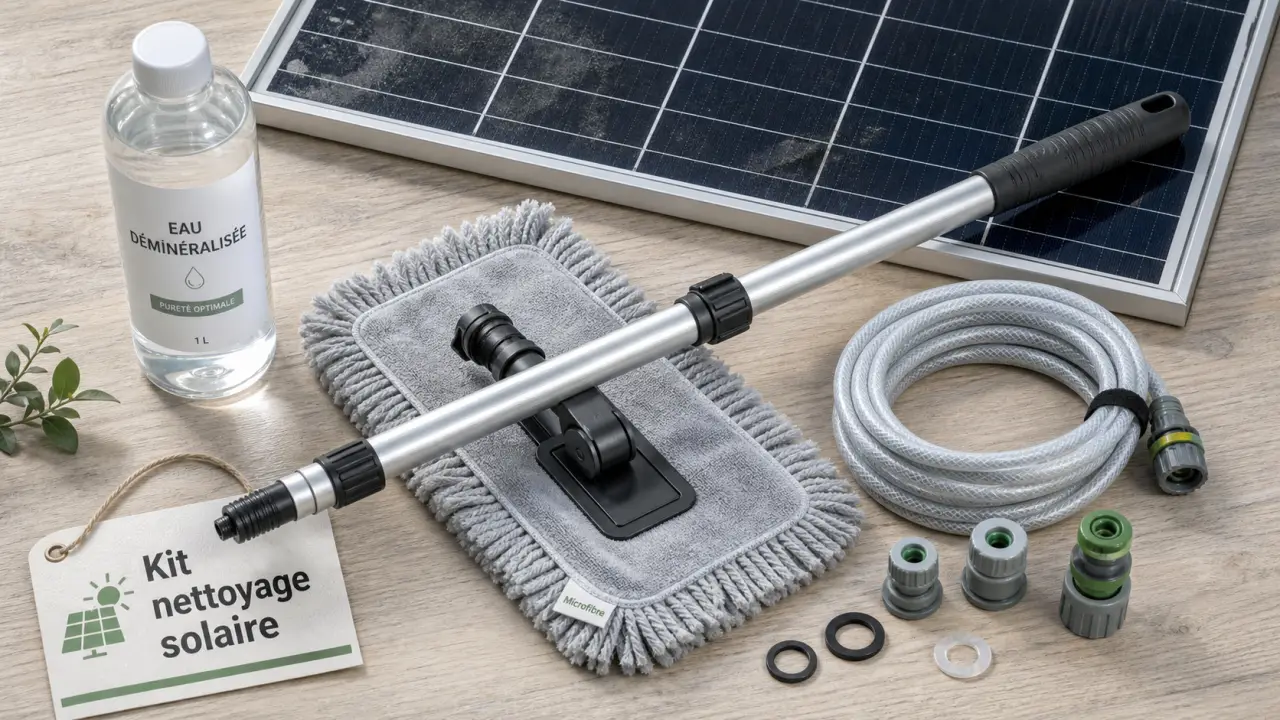 Kit nettoyage panneaux solaires photovoltaïques : brosse souple et eau déminéralisée