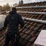 Panneau solaire sur le toit : technicien pose sans risque de fuite