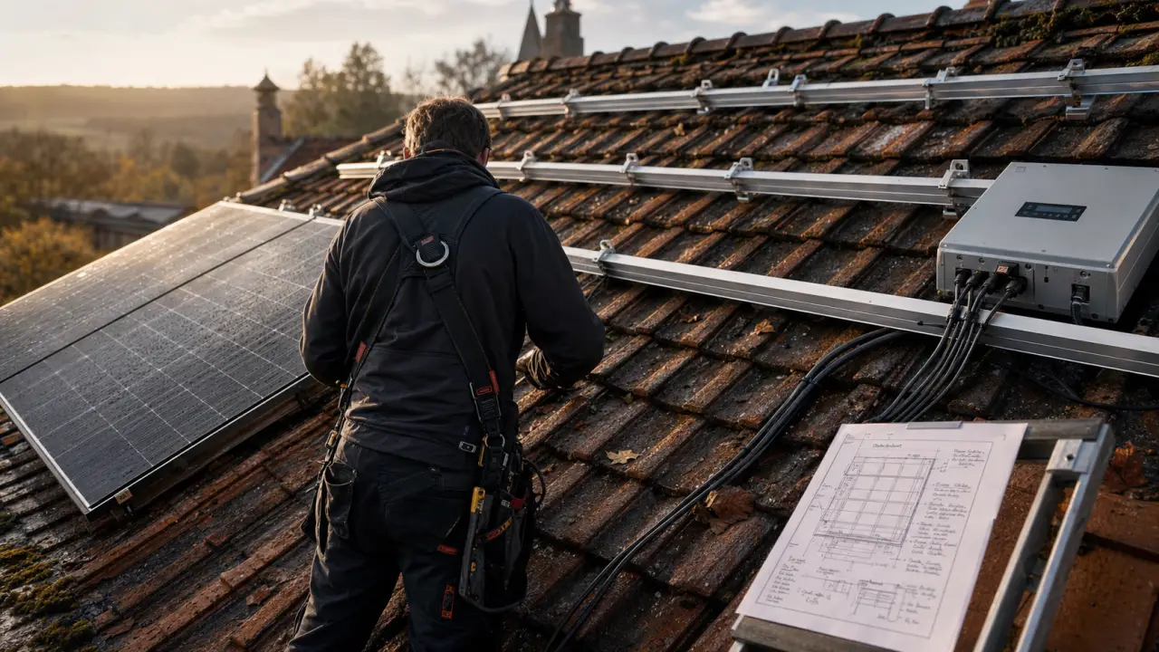 Panneau solaire sur le toit : technicien pose sans risque de fuite