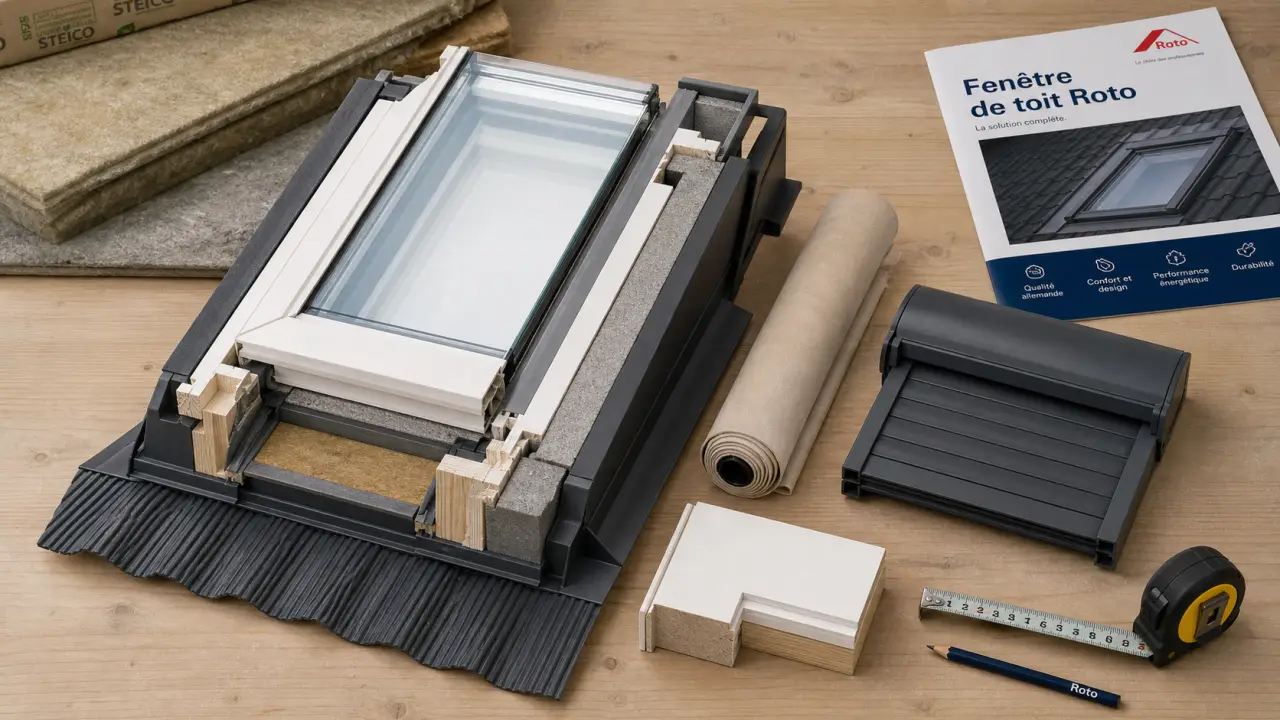 roto fenetre de toit et accessoires sur table : rotation et projection
