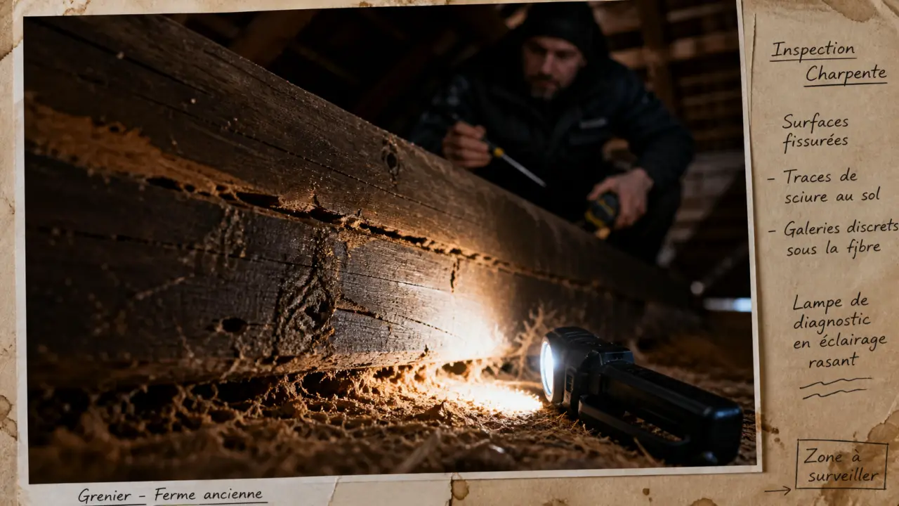 Termite bois charpente : traces et sciure dans une charpente en bois
